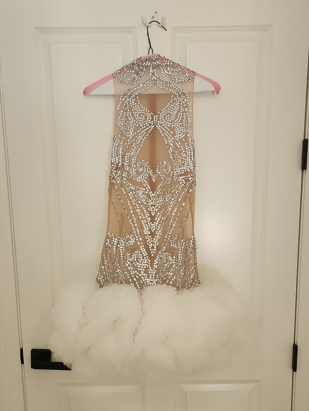 Embellished Nude Prom Dress with White Feather Hem